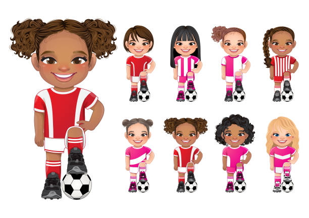 ilustraciones, imágenes clip art, dibujos animados e iconos de stock de diseño vectorial de la colección internacional de niñas jugadoras de fútbol - american football sports uniform football white background