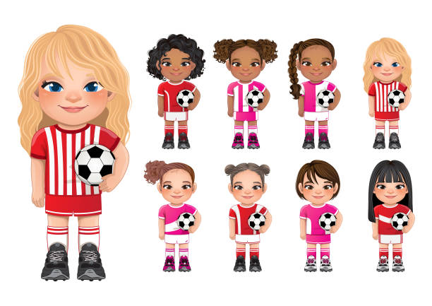 ilustraciones, imágenes clip art, dibujos animados e iconos de stock de diseño vectorial de la colección internacional de niñas jugadoras de fútbol - american football sports uniform football white background