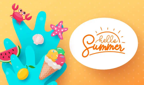 Vector illustration of Hello summer text vector template. Summer hello greeting text in white space with crab, starfish, ice cream and watermelon beach elements