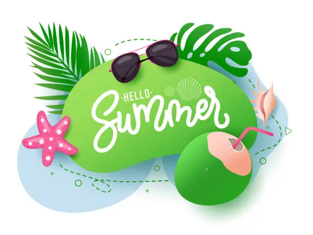 Vector illustration of Hello summer text vector template. Summer hello greeting text with coconut drink, starfish, sunglasses and palm leaves decoration