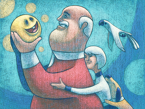 digital painting / raster illustration of senior man holding smiley icon with wife and pets
