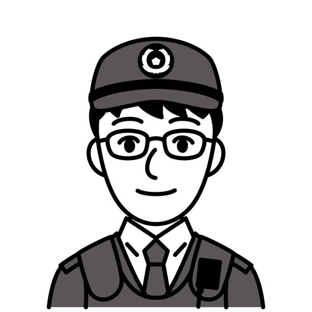 policeman wearing glasses, vector, illustration, black and white illustration policeman wearing glasses, vector, illustration, black and white illustration public service employee stock illustrations