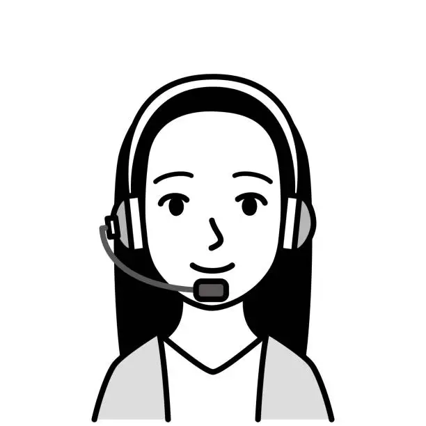 Vector illustration of young woman wearing microphone headset, vector, illustration, black and white illustration