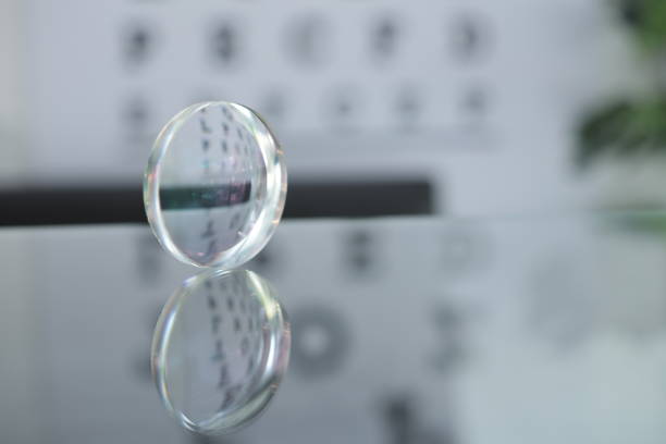 Closeup of glasses lenses, eyeglasses lenses in optical store