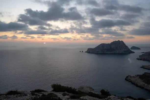 Panorama of the Ile Maïre, English : Maire Island in Marseille, France, by sunset. Picture taken from the Callelongue Calanque.