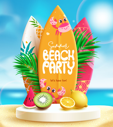 Summer beach party text vector poster design. Summer beach party invitation with surfboard and tropical fruits elements for seasonal holiday event flyers concept. Vector illustration summer party invitation design.