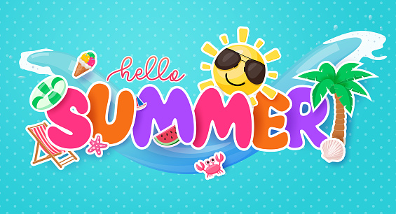 Summer hello text greeting vector design. Hello summer typography with sun and pam tree paper cut elements in blue dot pattern background. Vector illustration summer greeting design.