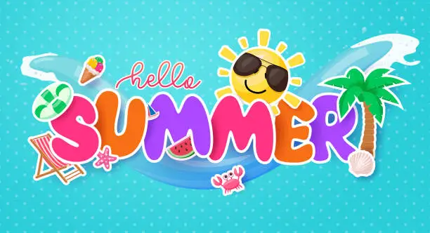 Vector illustration of Summer hello text greeting vector design. Hello summer typography with sun and pam tree paper cut elements