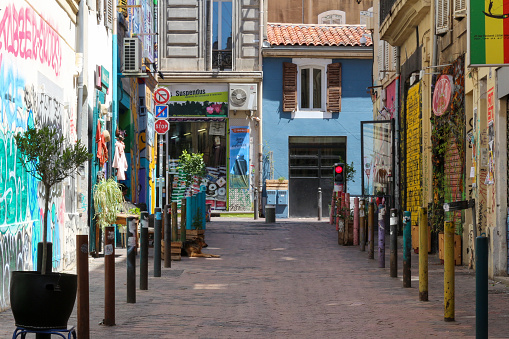 Marseille, France, 05 14 2023 : shot of the famous multicolored rue Pastoret in Marseille, France, in the La Plaine district.