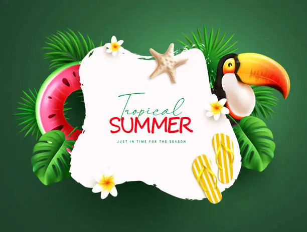 Vector illustration of Summer tropical text vector template design. Tropical summer greeting text in white space with toucan bird, floaters, palm and monstera leaves elements