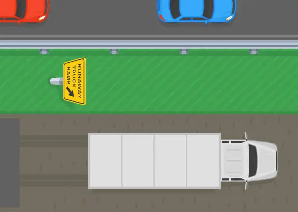 Vector illustration of Traffic regulation tips and rules. Top view of a truck made emergency stop on runaway ramp. American expressway traffic flow. Vector illustration template.