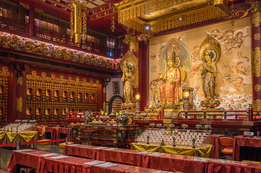 Altar inside Buddha Tooth Relic Temple in Chinatown, Singapore.