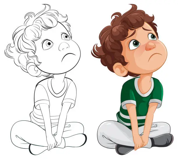 Vector illustration of Two illustrated kids sitting, looking thoughtful and worried.
