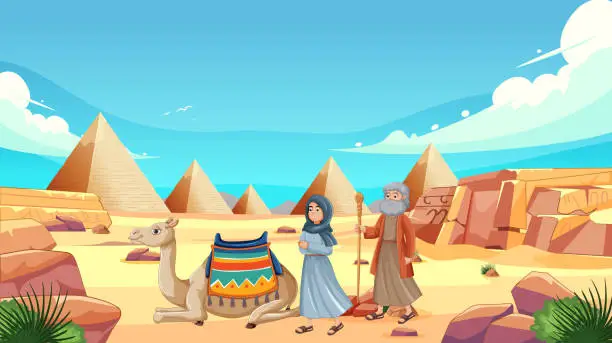 Vector illustration of Animated travelers with camel near Egyptian pyramids.