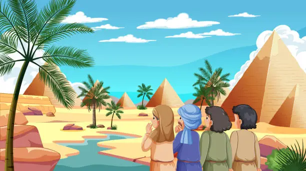 Vector illustration of Group of friends admiring the Egyptian pyramids