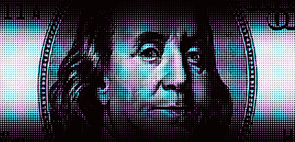 Benjamin Franklin Face, American One Hundred Dollar Bill with Glitch Technique