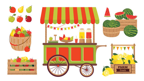 ilustrações, clipart, desenhos animados e ícones de carrinho de frutas conjunto de barracas - market tent market stall agricultural fair