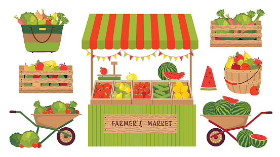 A set of illustrations of farm vegetables, fruits and a shopping stall. A farm cart with local food. Watermelons, apples, lemons in the farmer's market. Vector clipart.