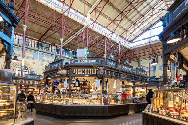 Stockholm, Sweden Feb 5, 2024 The interior of the landmark Ostermalm Saluhall foodcourt.