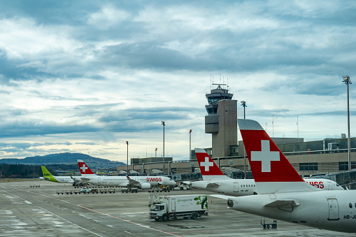 Zurich, Switzerland  Feb 12, 2024 Swissair passenger planes at the terminal of the Zurich International Airport