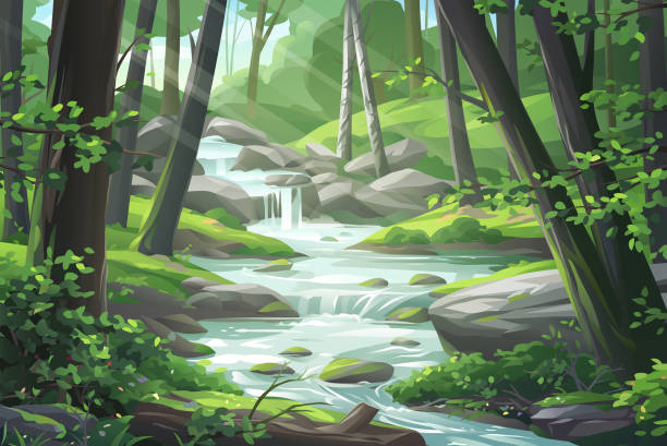 aliran di hutan indah - air terjun air mengalir ilustrasi stok