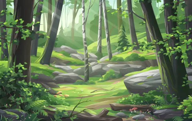 Vector illustration of Idyllic Forest With Sun Rays Shining Through Trees