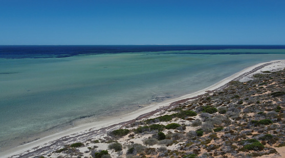 Drone photo of Denham in Western Australia and the surrounding area, which is the westernmost publicly accessible town in Australia. It is located in the Shark Bay (Malgana: Gathaagudu) World Heritage Site in the Gascoyne region