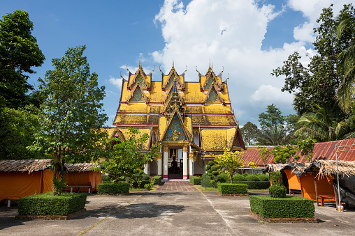 Wat Wang Wiwekaram temple architecture, Sangkhlaburi, Kanchanaburi, Thailand. Famous travel destination or tourist landmark in Siam.