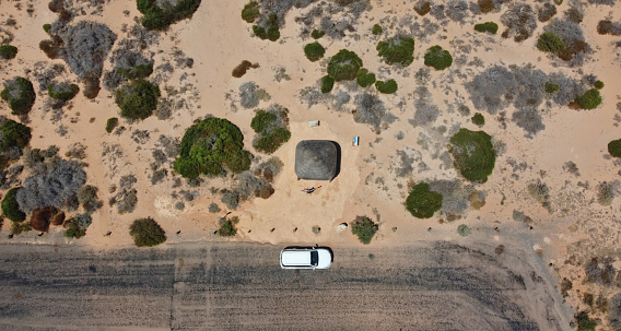 Drone photo of a picnic spot near Denham in Western Australia, which is the westernmost publicly accessible town in Australia. It is located in the Shark Bay (Malgana: Gathaagudu) World Heritage Site in the Gascoyne region