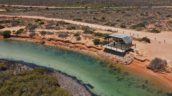 Drone photo of Little Lagoon near Denham in Western Australia, which is the westernmost publicly accessible town in Australia. It is located in the Shark Bay (Malgana: Gathaagudu) World Heritage Site in the Gascoyne region