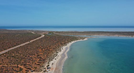 Drone photo of Little Lagoon near Denham in Western Australia, which is the westernmost publicly accessible town in Australia. It is located in the Shark Bay (Malgana: Gathaagudu) World Heritage Site in the Gascoyne region