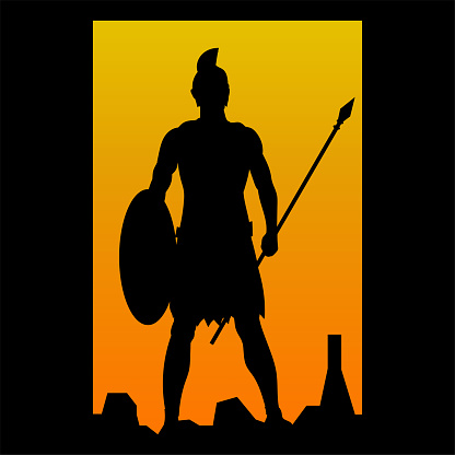 Silhouette of Spartan Knight Soldier, Greek Warrior standing with the spear on top cliff after a war battle
