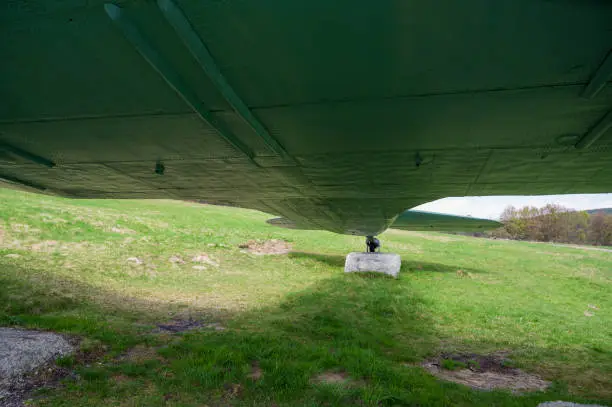 Photo of View of the green meadow and forest from below the green Lisunov Li-2 military aircraft.