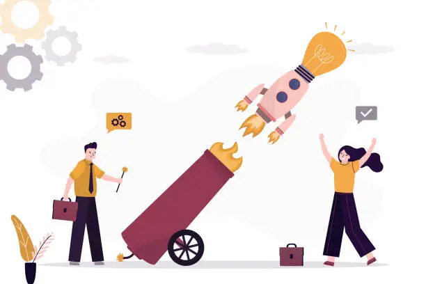 Vector illustration of Business people co-founders launching rocket with light bulb from cannon. Launch new business with creative idea and innovative winning solution. Brainstorming, pitching ideas.