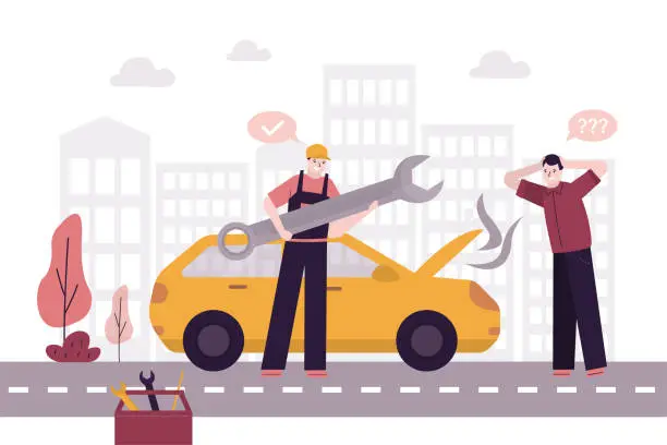 Vector illustration of Incident on road, broken car, sad driver grabbed head and not know what to do. Repairman holds wrench and give support. Car breakdown on road. Motor problem, repair service,