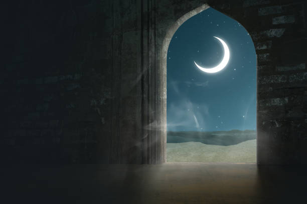Mosque door with a view of the crescent moon and starry sky at night Mosque door with a view of the crescent moon and starry sky at night. Islamic background allah stock pictures, royalty-free photos & images