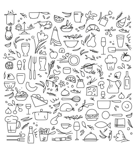 ilustraciones, imágenes clip art, dibujos animados e iconos de stock de pictogramas de ingredientes y utensilios de cocina para cocina ecológica, de temporada, locavore - beer nuts party design fruit