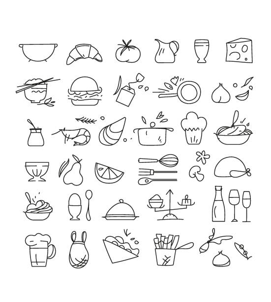 ilustraciones, imágenes clip art, dibujos animados e iconos de stock de símbolos de ingredientes y utensilios de cocina. símbolos de comida de temporada para la cocina local, orgánica y ecológica. ilustración para recetas. - beer nuts party design fruit