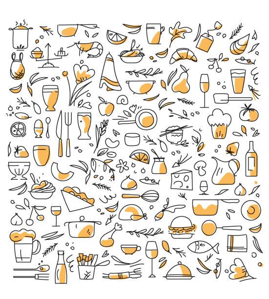 ilustraciones, imágenes clip art, dibujos animados e iconos de stock de pictogramas de ingredientes y utensilios de cocina. mercado de abastos. locavore. proximidad. estación. estacionalidad. - beer nuts party design fruit