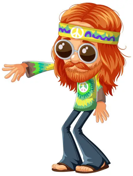 Vector illustration of Cartoon hippie with beard, sunglasses, and peace sign.