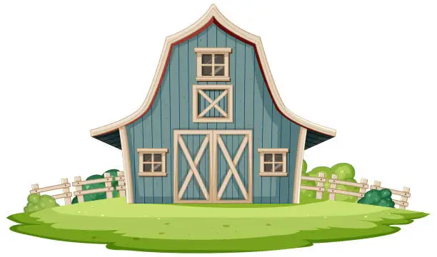 Vector illustration of Quaint blue barn with white trim on greenery.