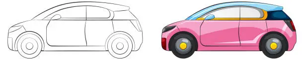 Vector illustration of Vector transition from line art to colored vehicle