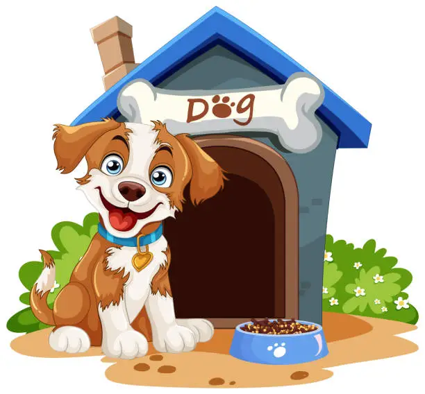 Vector illustration of Cheerful cartoon puppy sitting by its kennel