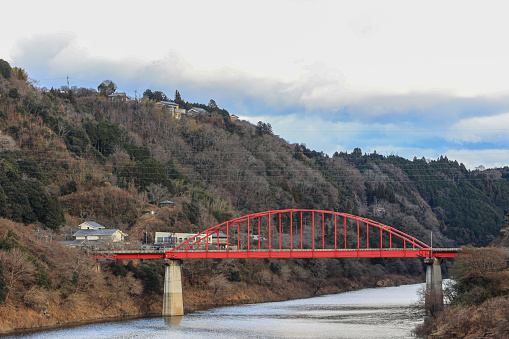 Gray winter landscape with a red bridge.