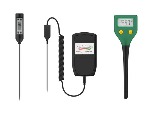 Vector illustration of PH meter tester for soil gardening electronic instrument for acid measurement set realistic vector