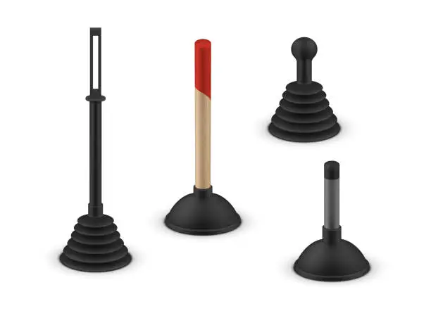 Vector illustration of Toilet plunger rubber plumbing equipment with wooden and metal handle set realistic vector