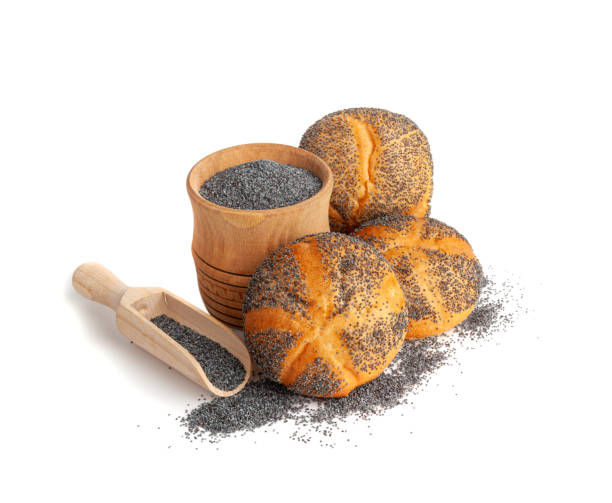 poppy seed bread isolated, kaiser roll, seeds breakfast bun, poppyseed round bagel, poppy seed bun - bagel bread isolated circle ストックフォトと画像