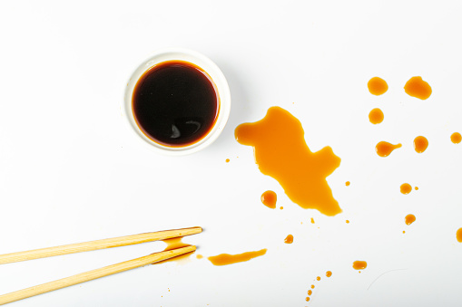 Spilled Soy Sause Isolated, Teriyaki Drops, Oyster Sauce, Balsamic Vinegar Puddles on White Background Top View