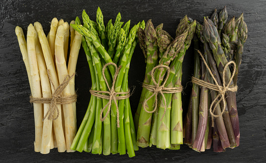 Close up detail shot of a farmer’s hand holding a bunch of freshly cut asparagus stalks. Colour, vertical format with some copy space. Photographed on an organic farm on the island of Møn in Denmark.