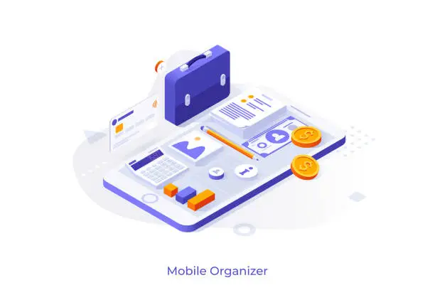 Vector illustration of Conceptual template with smartphone, documents, money, calculator, briefcase. Scene for mobile organizer app, application for file organization, task management. Isometric vector illustration.
